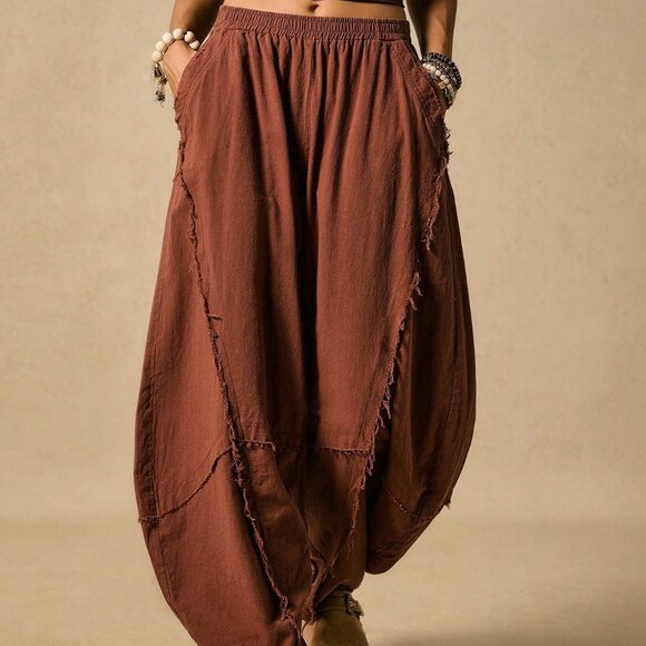 Coffee Brown Casual Women's Western Boho Curved barrel Design Pants - Picture 2 of 8